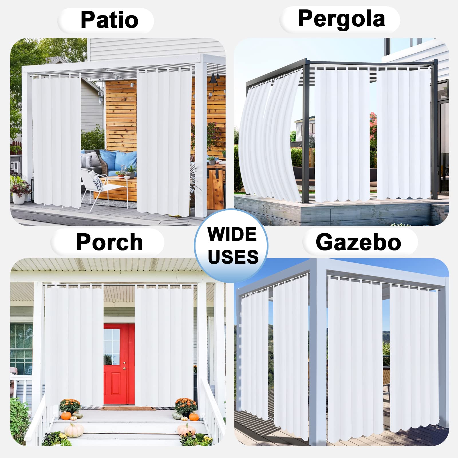 OutdoorLines Waterproof Outdoor Curtains for Patio - Windproof Tab Top Gazebo Curtain Panels - Privacy Sun Blocking Outside Curtain Set for Porch, Pergola and Cabana 54 x 84 inch, White, 2 Panels