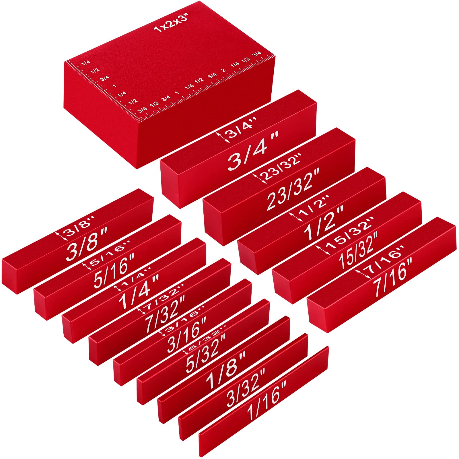 Setup Blocks Height Gauge Set, 15 Pieces Precision Saw Kit Drill Press Table Router Setup Blocks Woodworking Woodpeckers Tool Setup Bars Accessories Aluminum Square Laser Engraved Size Markings (Red)