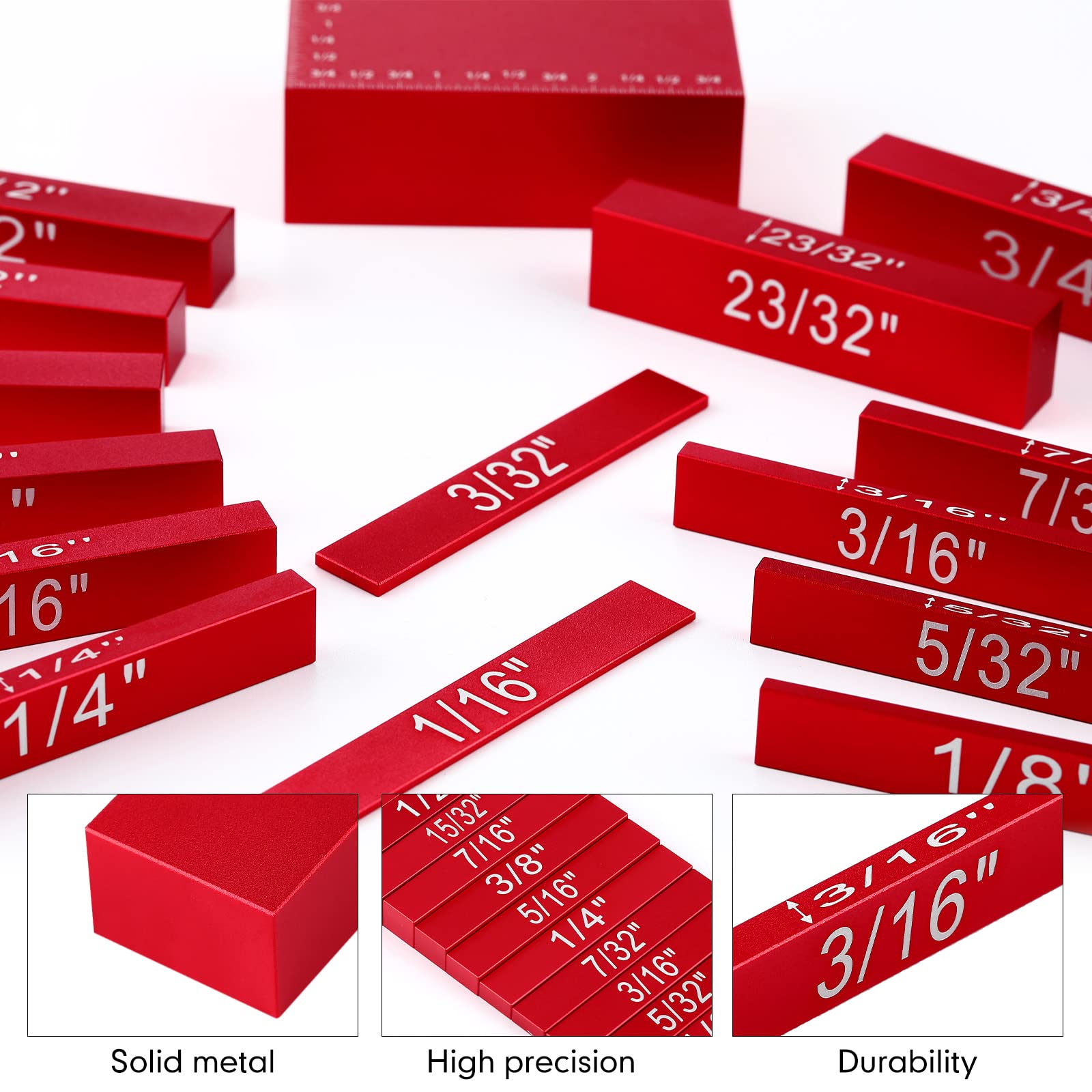 Setup Blocks Height Gauge Set, 15 Pieces Precision Saw Kit Drill Press Table Router Setup Blocks Woodworking Woodpeckers Tool Setup Bars Accessories Aluminum Square Laser Engraved Size Markings (Red)