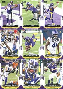 2021 score veterans minnesota vikings team set of 9 cards: kirk cousins(#146), dalvin cook(#147), harrison smith(#148), anthony harris(#149), justin jefferson(#150), randy moss(#151), adam thielen(#152), c.j. ham(#153), kyle rudolph(#154)