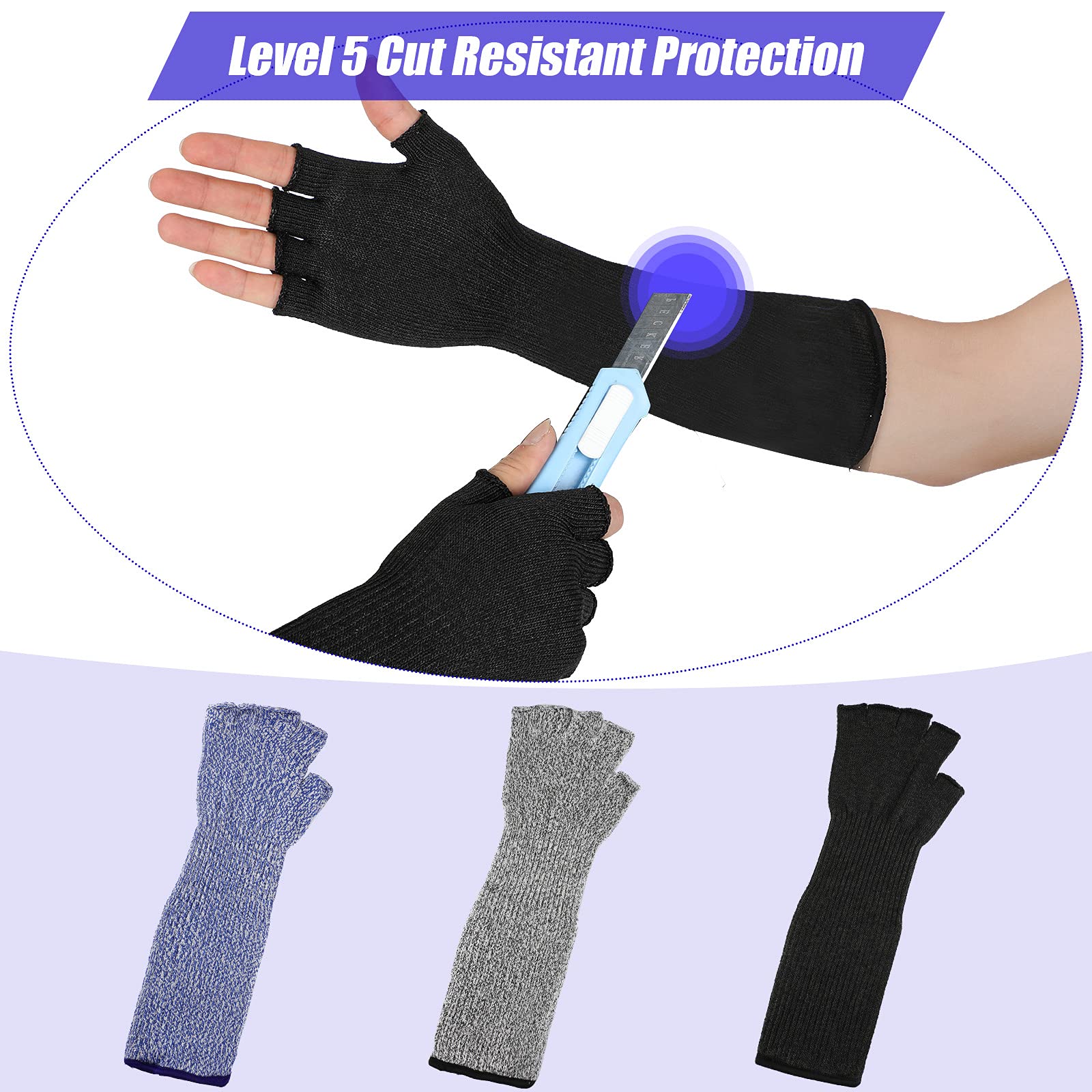 JenPen 3 Pairs Forearm Protective Sleeves with Fingers Cut Resistant Sleeve Arm Level 5 Protection thin skin Arm Protectors (Black, Gray, Blue)