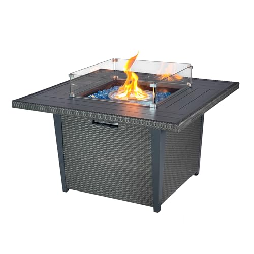 Kinger Home Ethan Rattan 42-Inch Outdoor Patio Propane Gas Fire Pit Table, CSA Certified 50,000 BTU Firepit, Grey Aluminum Frame