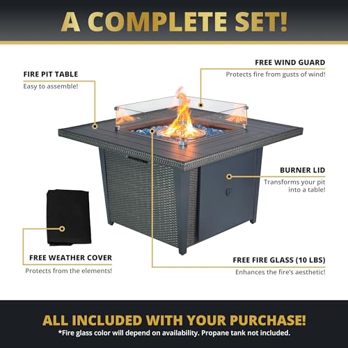 Kinger Home Ethan Rattan 42-Inch Outdoor Patio Propane Gas Fire Pit Table, CSA Certified 50,000 BTU Firepit, Grey Aluminum Frame