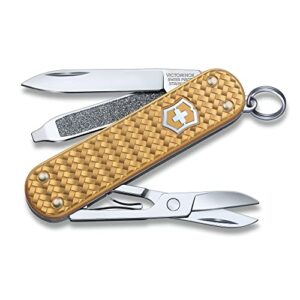 victorinox classic sd precious alox swiss army knife, compact 5 function swiss made pocket knife with small blade, screwdriver and key ring - brass gold