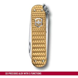 Victorinox Classic SD Precious Alox Swiss Army Knife, Compact 5 Function Swiss Made Pocket Knife with Small Blade, Screwdriver and Key Ring - Brass Gold