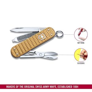 Victorinox Classic SD Precious Alox Swiss Army Knife, Compact 5 Function Swiss Made Pocket Knife with Small Blade, Screwdriver and Key Ring - Brass Gold