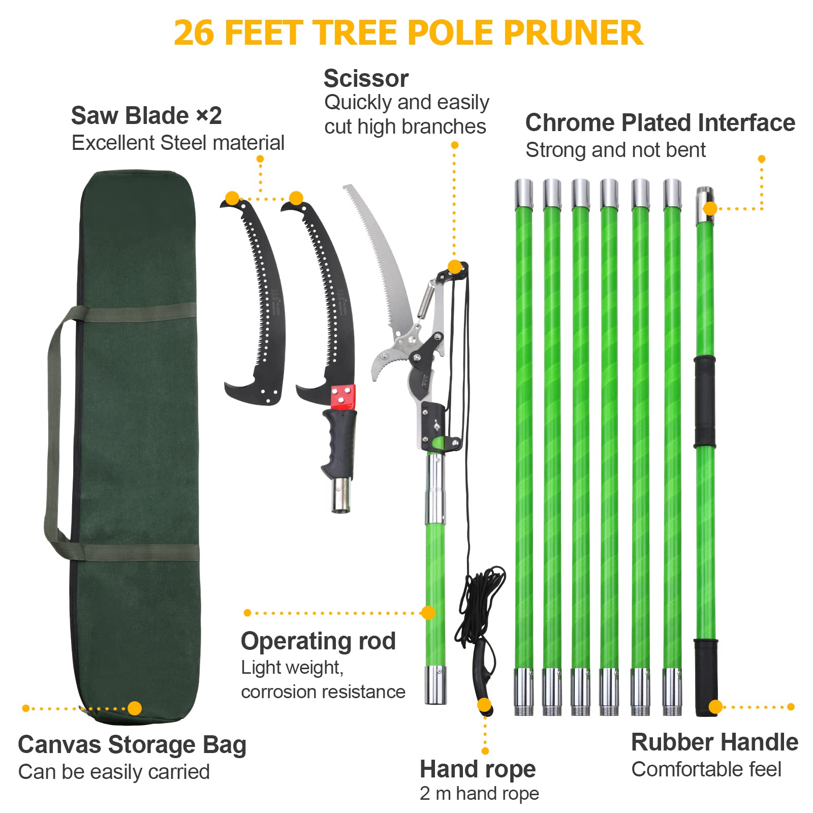 26 Feet Tree Pole Pruner Manual Branches Trimmer Tree Branch Garden Tools Loppers Hand Pole Saws Extendable Height Adustable System for Sawing and Shearing