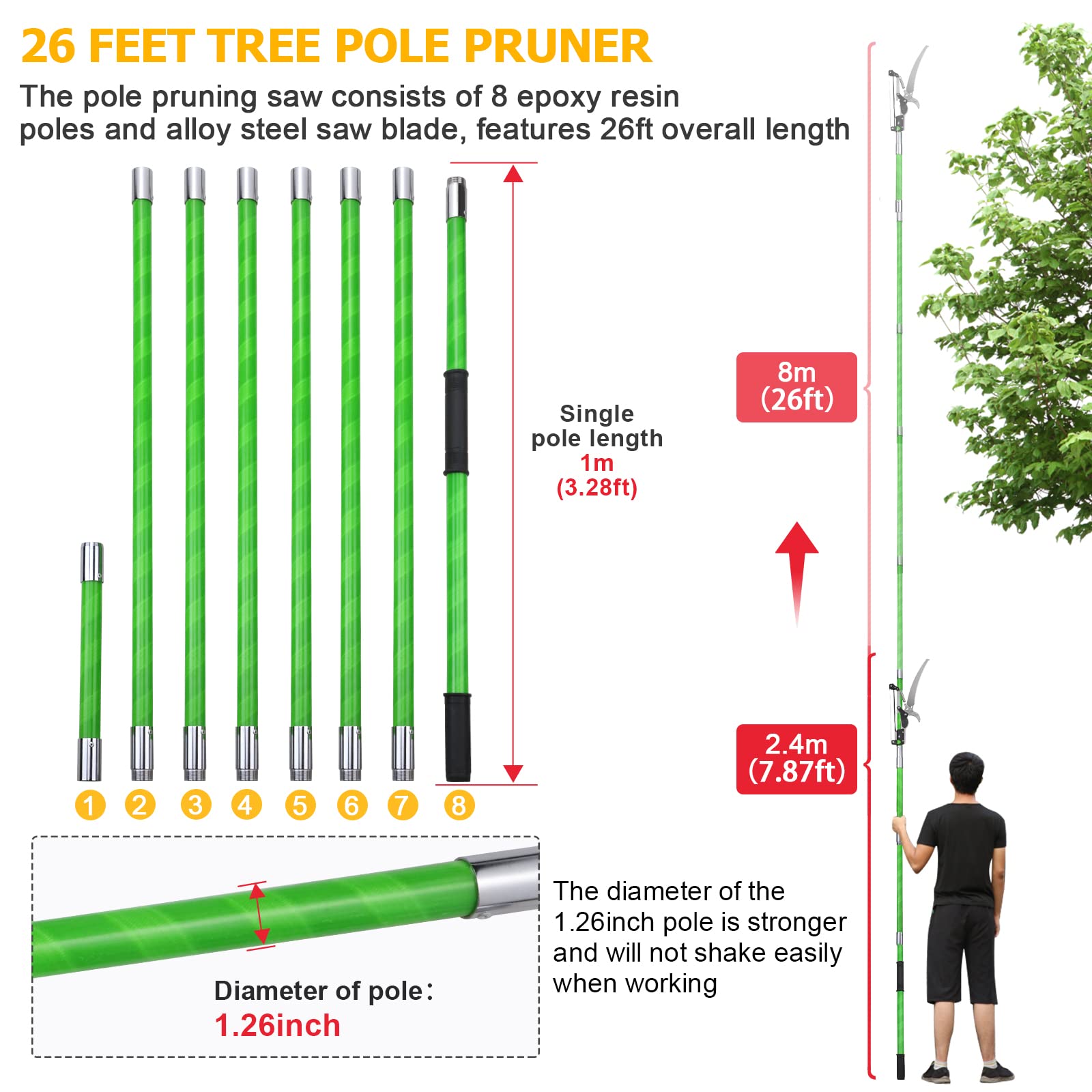 26 Feet Tree Pole Pruner Manual Branches Trimmer Tree Branch Garden Tools Loppers Hand Pole Saws Extendable Height Adustable System for Sawing and Shearing