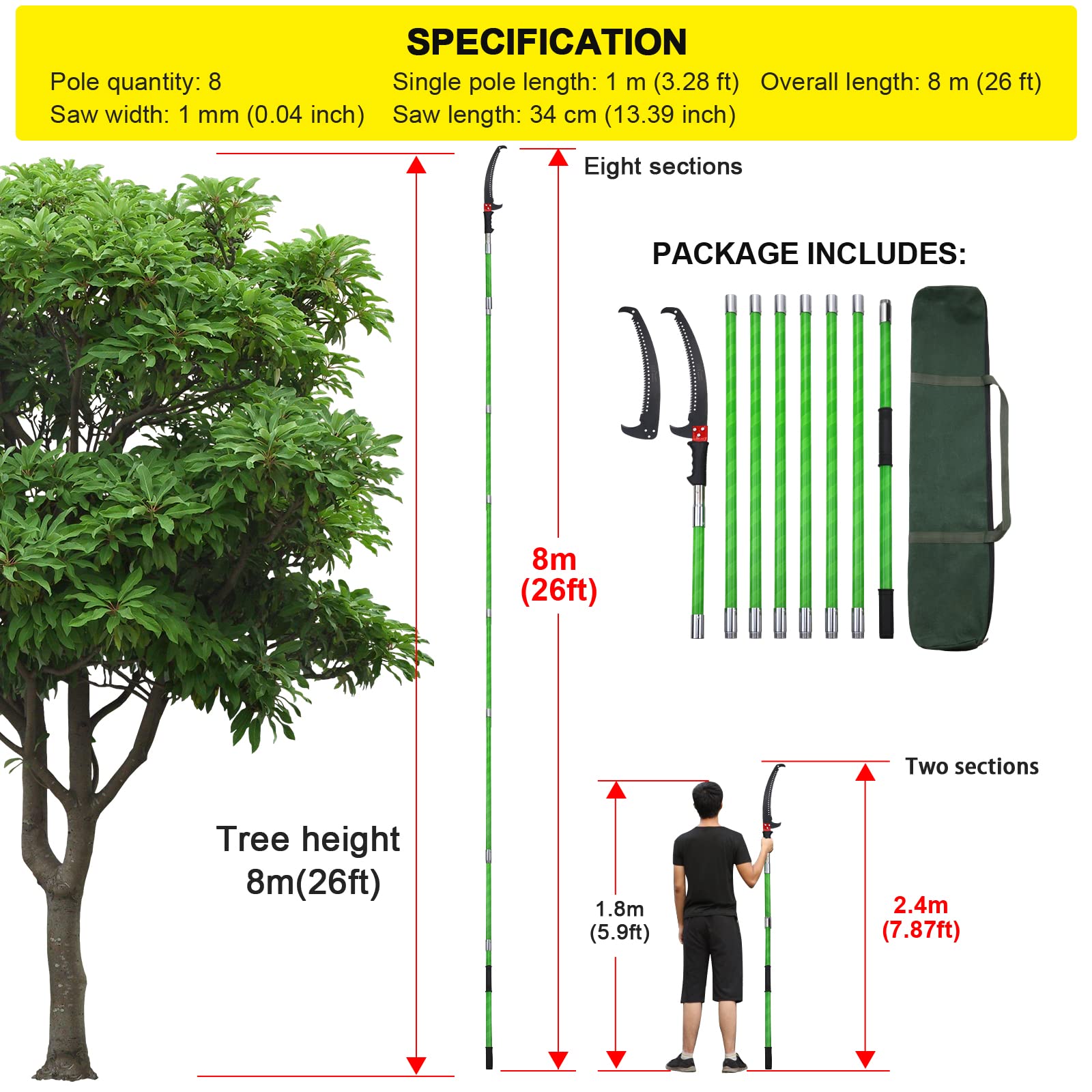 26 Feet Tree Pole Pruner Manual Branches Trimmer Tree Branch Garden Tools Loppers Hand Pole Saws Extendable Height
