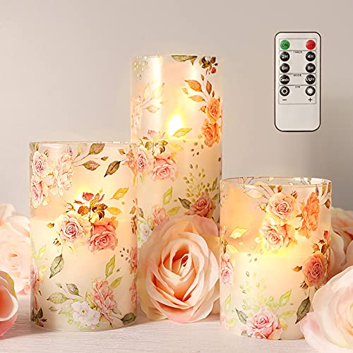 PETRISTRIKE Pink Flameless Candles with Remote & Timer, Flickering Glass Tumbler Candles, Love Themed Decor Battery Led Pillar Candles, Floral Rose Table Ornaments for Mother Gifts,Valentine's Day