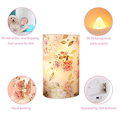 PETRISTRIKE Pink Flameless Candles with Remote & Timer, Flickering Glass Tumbler Candles, Love Themed Decor Battery Led Pillar Candles, Floral Rose Table Ornaments for Mother Gifts,Valentine's Day