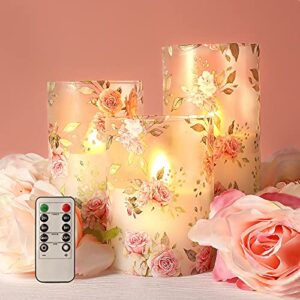 PETRISTRIKE Pink Flameless Candles with Remote & Timer, Flickering Glass Tumbler Candles, Love Themed Decor Battery Led Pillar Candles, Floral Rose Table Ornaments for Mother Gifts,Valentine's Day