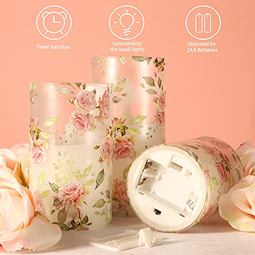 PETRISTRIKE Pink Flameless Candles with Remote & Timer, Flickering Glass Tumbler Candles, Love Themed Decor Battery Led Pillar Candles, Floral Rose Table Ornaments for Mother Gifts,Valentine's Day