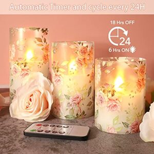 PETRISTRIKE Pink Flameless Candles with Remote & Timer, Flickering Glass Tumbler Candles, Love Themed Decor Battery Led Pillar Candles, Floral Rose Table Ornaments for Mother Gifts,Valentine's Day