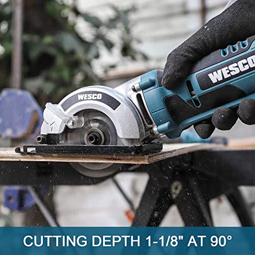 WESCO 3-3/8 Inch Cordless Mini Circular Saw, 20V Circular Saw, Maximum Cutting Depth 1-1/8 inch, with 2.0Ah Battery and Quick Charger Parallel Guide and Hex Wrench, 1 x 24T TCT Saw Blade for Wood