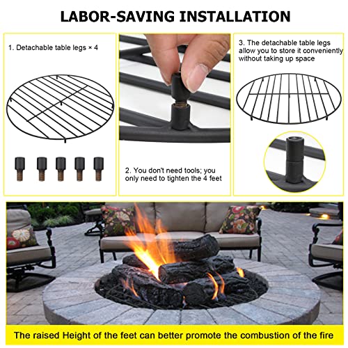 Fire Pit Grate Heavy Duty Iron Round Firewood Grate Cooking Grill Grates with 4 Removable Legs for Burning Fireplace and Firepits BBQ Campfire Camping Cookware 24-Inch