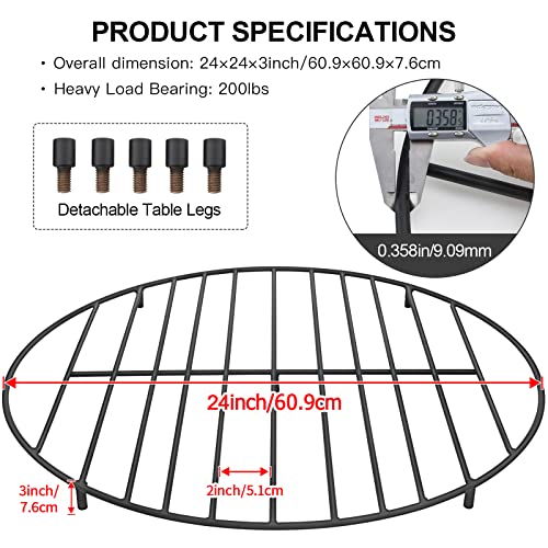 Fire Pit Grate Heavy Duty Iron Round Firewood Grate Cooking Grill Grates with 4 Removable Legs for Burning Fireplace and Firepits BBQ Campfire Camping Cookware 24-Inch