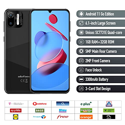 Ulefone Unlocked Cell Phones, Note 6 Android 11 Unlocked Smartphones, Ultra-Slim Lightweight, Triple Card Slots, 6.1" Waterdrop Full-Screen Dual SIM Phones, 3300mAh, Face Unlock, US Version - Black