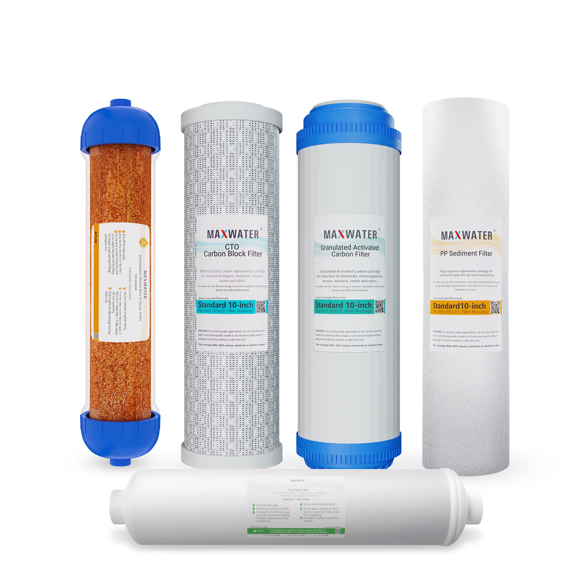 Replacement Filters for 6 Stage RO DI System - Sediment, GAC, CTO, Post-Carbon, Mixed Bed DI, 10 inch Standard Size Water Filters