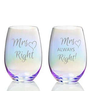 valentines day gifts for lesbian, mrs right mrs always right engraved rainbow wine glasses wedding gifts set for lesbian gay couple