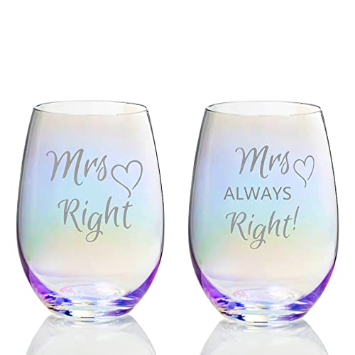 Valentines Day Gifts for Lesbian, Mrs Right Mrs Always Right Engraved Rainbow Wine Glasses Wedding Gifts Set for Lesbian Gay Couple