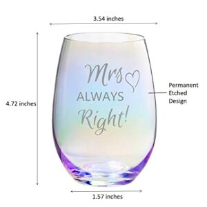 Valentines Day Gifts for Lesbian, Mrs Right Mrs Always Right Engraved Rainbow Wine Glasses Wedding Gifts Set for Lesbian Gay Couple