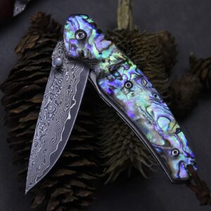 omesio damascus pocket knife damascus folding knife blue abalone handle japanese damascus blade pocket knives real damascus steel folding knife with gift box for men/dad/father and women