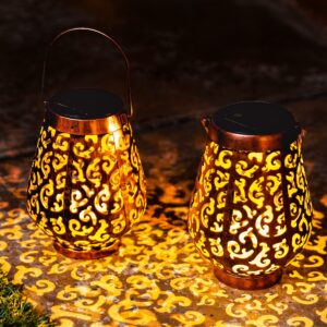 joiedomi 2 pack outdoor solar hanging lantern lights, waterproof table top solar lanterns, led metal decorative garden solar lights, moroccan lanterns solar powered with handle for patio