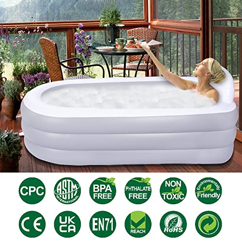 Inflatable Bathtub for adults, 65"×34"×28" Foldable Portable Bathtub, Blow UP Bath Tub with Backrest for Home Spa or Ice Bath(Gray White) (With Pump)