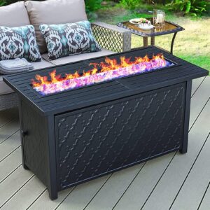 mfstudio 45” outdoor rectangular gas fire pit table，50000 btu propane iron plate embossing fire table with lid and blue glass for patio,backyard and balcony,black