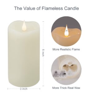 TECHLONG Flickering Flameless Candles with 3D Moving Flame, Last 1000+ Hours Battery Operated Candles with Timer, Ivory Real Wax Pillar Electric LED Candle for Wedding Christmas Party/3" x 5"