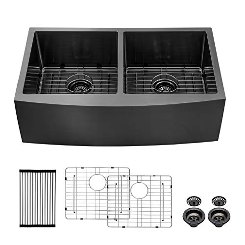 33 inch Black Farmhouse Sink- GhomeG 33"x 21" Kitchen Sink Stainless Steel 16 Gauge Double Bowl 50/50 Apron-Front Farm Sink Basin