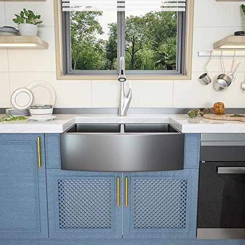 33 inch Black Farmhouse Sink- GhomeG 33"x 21" Kitchen Sink Stainless Steel 16 Gauge Double Bowl 50/50 Apron-Front Farm Sink Basin