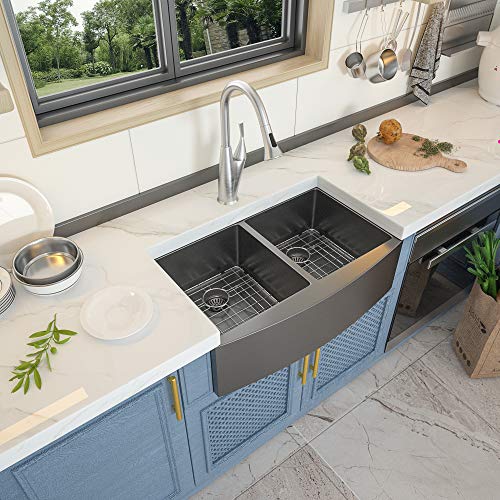 33 inch Black Farmhouse Sink- GhomeG 33"x 21" Kitchen Sink Stainless Steel 16 Gauge Double Bowl 50/50 Apron-Front Farm Sink Basin