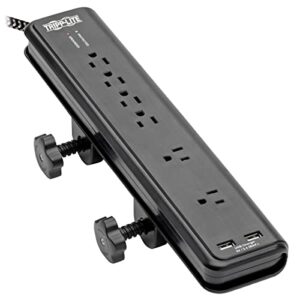 tripp lite desk clamp surge protector power strip, 6-outlets & 2 usb, microbrial resistant, 8 ft braided cord, 2100 joules, 1875w, 40,000 insurance & lifetime manufacturer's warranty (tlp608dmuam)