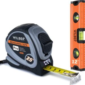 wilbek 25 ft measuring tape retractable set with 12" heavy-duty aluminum torpedo level tool, automatic lock retractable ruler easy read tape measure, tape measure 25 ft, steel tape measure.