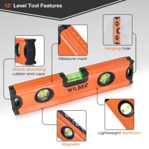 WILBEK 25 Ft Measuring Tape Retractable Set with 12" Heavy-Duty Aluminum Torpedo Level Tool, Automatic Lock Retractable Ruler Easy Read Tape Measure, Tape Measure 25 ft, Steel Tape Measure.