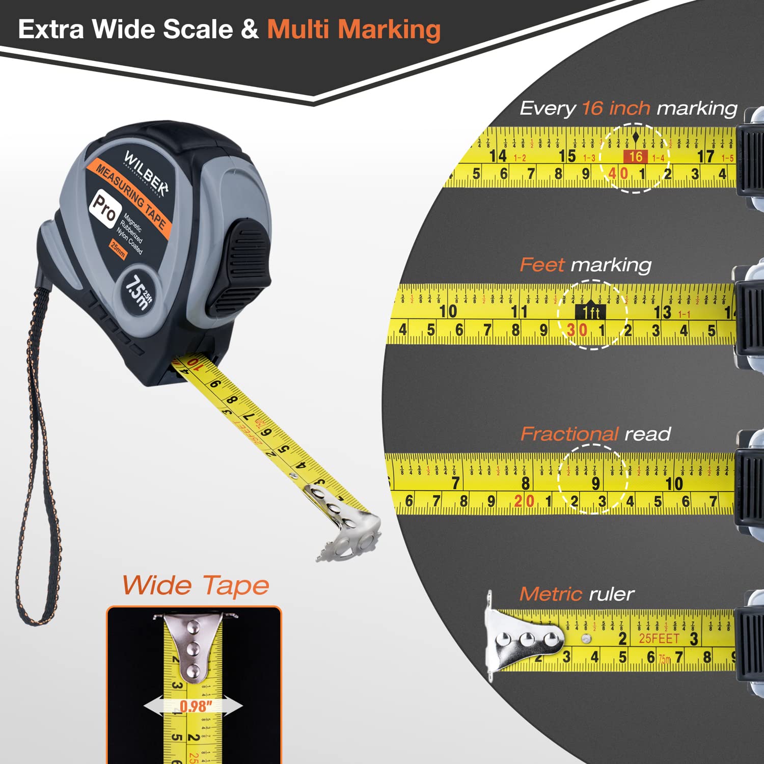 WILBEK 25 Ft Measuring Tape Retractable Set with 12" Heavy-Duty Aluminum Torpedo Level Tool, Automatic Lock Retractable Ruler Easy Read Tape Measure, Tape Measure 25 ft, Steel Tape Measure.