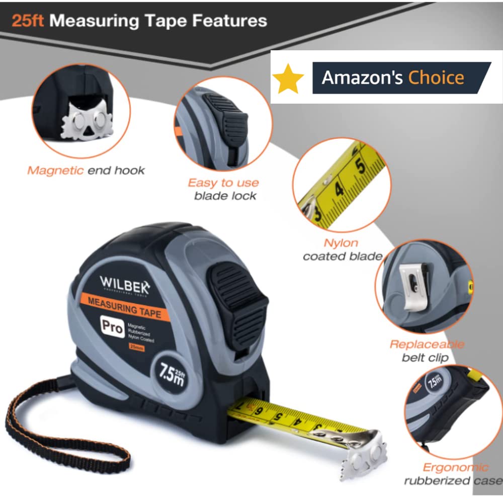 WILBEK 25 Ft Measuring Tape Retractable Set with 12" Heavy-Duty Aluminum Torpedo Level Tool, Automatic Lock Retractable Ruler Easy Read Tape Measure, Tape Measure 25 ft, Steel Tape Measure.