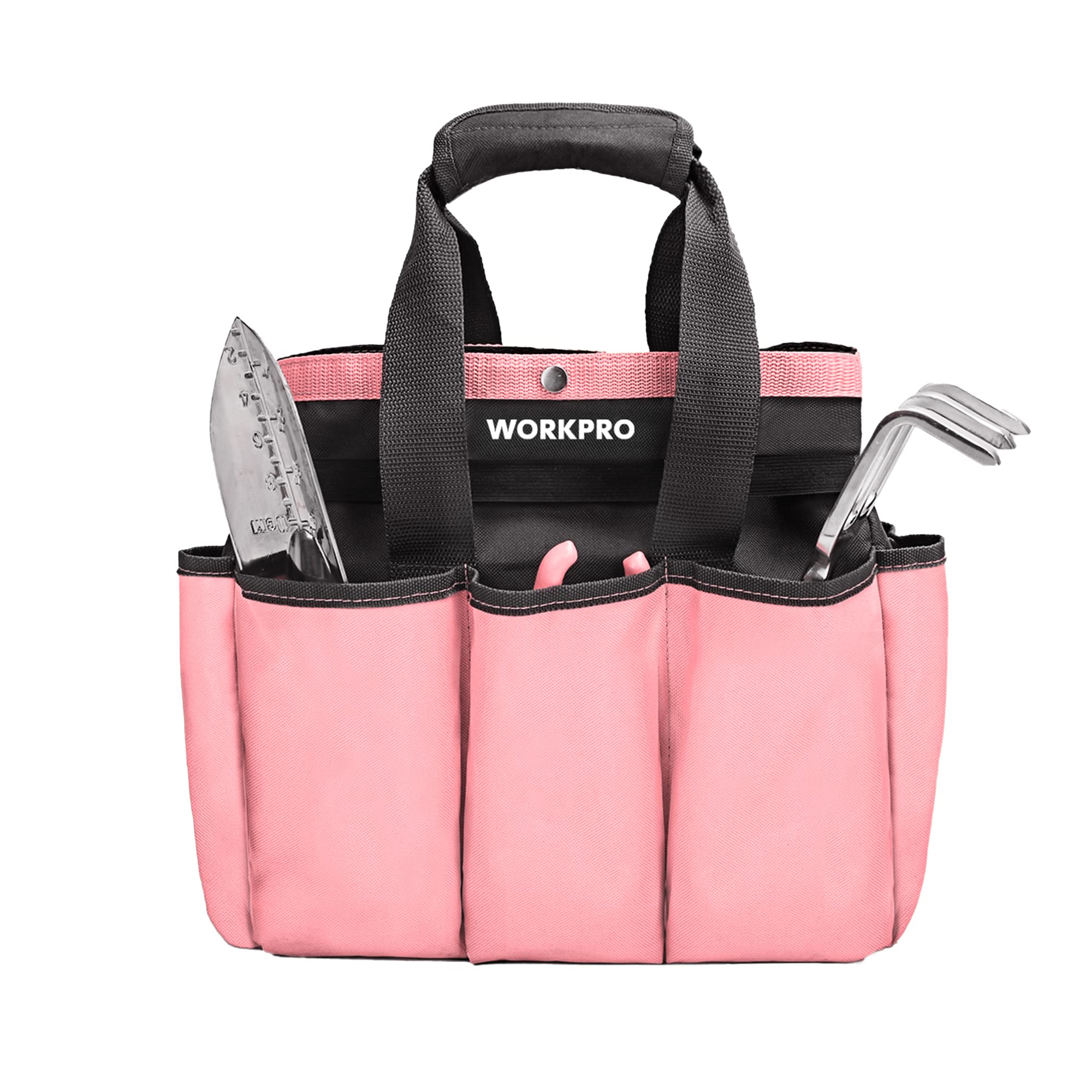 WORKPRO Garden Bag, Garden Tool Tote Storage Bag with 8 Pockets, Home Organizer for Outdoor Gardening Caddy, Garden Tool Kit Holder (Tools NOT Included), Great Garden Gifts- Pink Ribbon