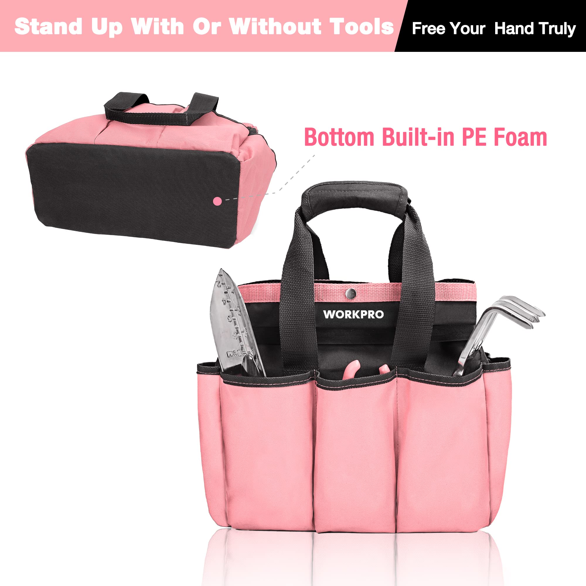 WORKPRO Garden Bag, Garden Tool Tote Storage Bag with 8 Pockets, Home Organizer for Outdoor Gardening Caddy, Garden Tool Kit Holder (Tools NOT Included), Great Garden Gifts- Pink Ribbon