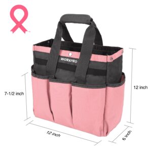 WORKPRO Garden Bag, Garden Tool Tote Storage Bag with 8 Pockets, Home Organizer for Outdoor Gardening Caddy, Garden Tool Kit Holder (Tools NOT Included), Great Garden Gifts- Pink Ribbon