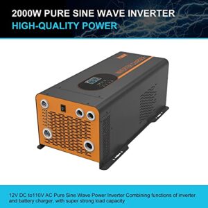 PowMr 2000W Hybrid Inverter Pure Sine Wave Inverter Output 12VDC~110V AC Low Frequency Inverter Home Solar Inverter with LCD Display with 12V Lead-Acid and Lithium Battery