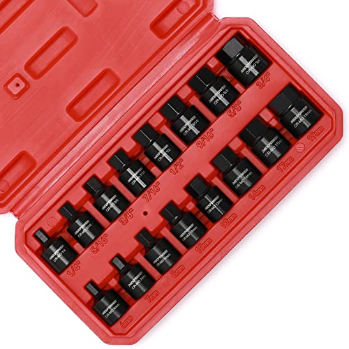 MIXPOWER 3/8-Inch Drive Low Profile Impact Hex Driver Set, 16-Piece, SAE/Metric, Hex, 1/4 Inch - 3/4 Inch, 6mm - 19mm, Cr-Mo Steel, One- Piece Construction