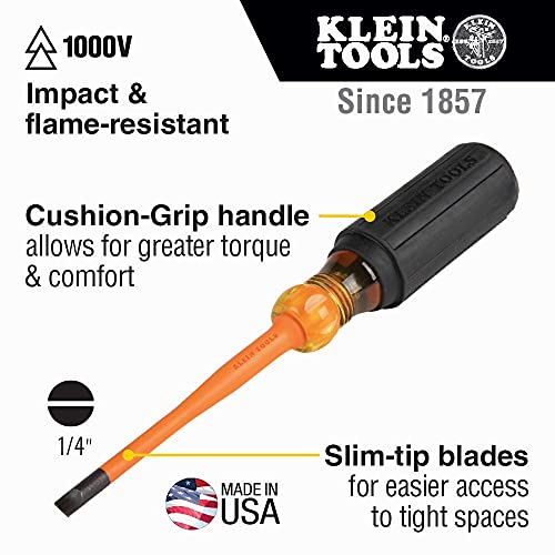 Klein Tools 6926INS Insulated Screwdriver, 1000V Slim Profile Tip, 1/4-Inch Cabinet Screwdriver with 6-Inch Shank, Cushion-Grip Handle