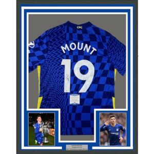 framed autographed/signed mason mount 33x42 chelsea fc blue soccer futbol jersey beckett bas coa