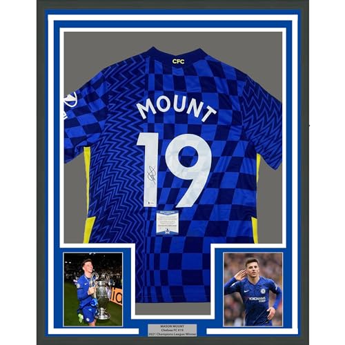 Framed Autographed/Signed Mason Mount 33x42 Chelsea FC Blue Soccer Futbol Jersey Beckett BAS COA