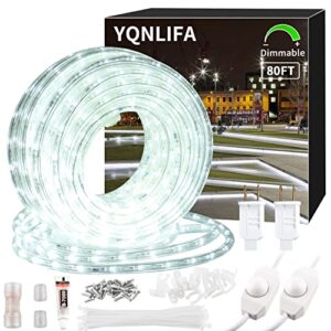 yqnlifa dimmable 80ft led rope lights, 864 leds ip65 waterproof outdoor indoor linkable cuttable rope light, 110v 6000k daylight white rope light for patio garden corridor home party décor