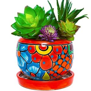 Enchanted Talavera Ceramic Succulent Pot Small Flower Planter Cactus Bonsai Pot W/Drainage Home Garden Office Desk Décor Gift (Small 4.5" x 4" with Saucer, Red)