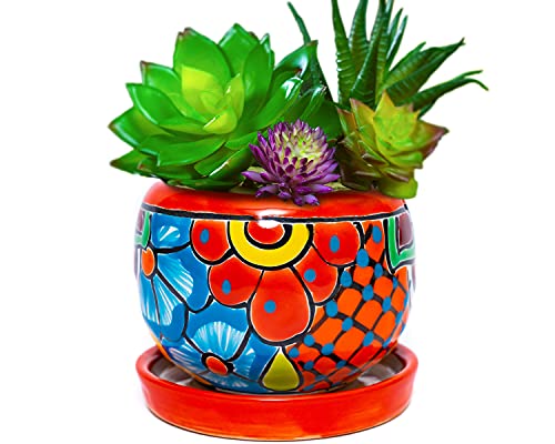 Enchanted Talavera Ceramic Succulent Pot Small Flower Planter Cactus Bonsai Pot W/Drainage Home Garden Office Desk Décor Gift (Small 4.5" x 4" with Saucer, Red)